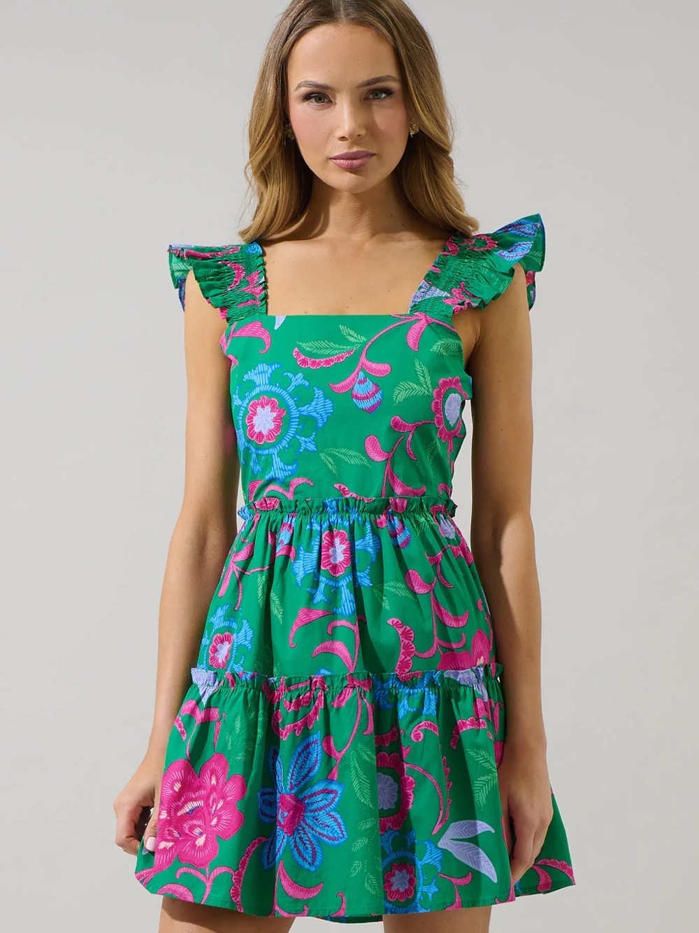 SugarLips Green Floral Ruffle Sleeve Tiered Mini Dress Cotton M NWT Cottagecore - Picture 2 of 13